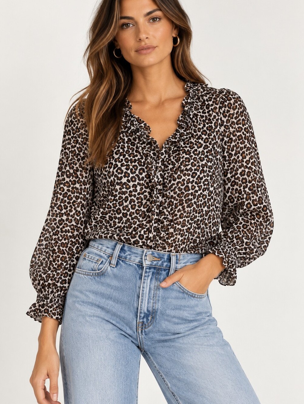 SEA New York Brown Ivory Leopard Animal Print Ruffle Detail Blouse Top Shirt 8